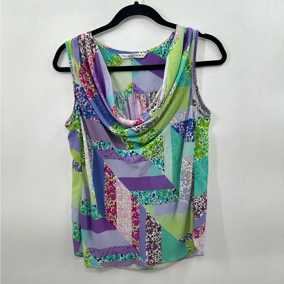 Y2K SILK TRINA TURK colorful slouch collar quiet luxury patchwork woman tank top - Picture 1 of 10